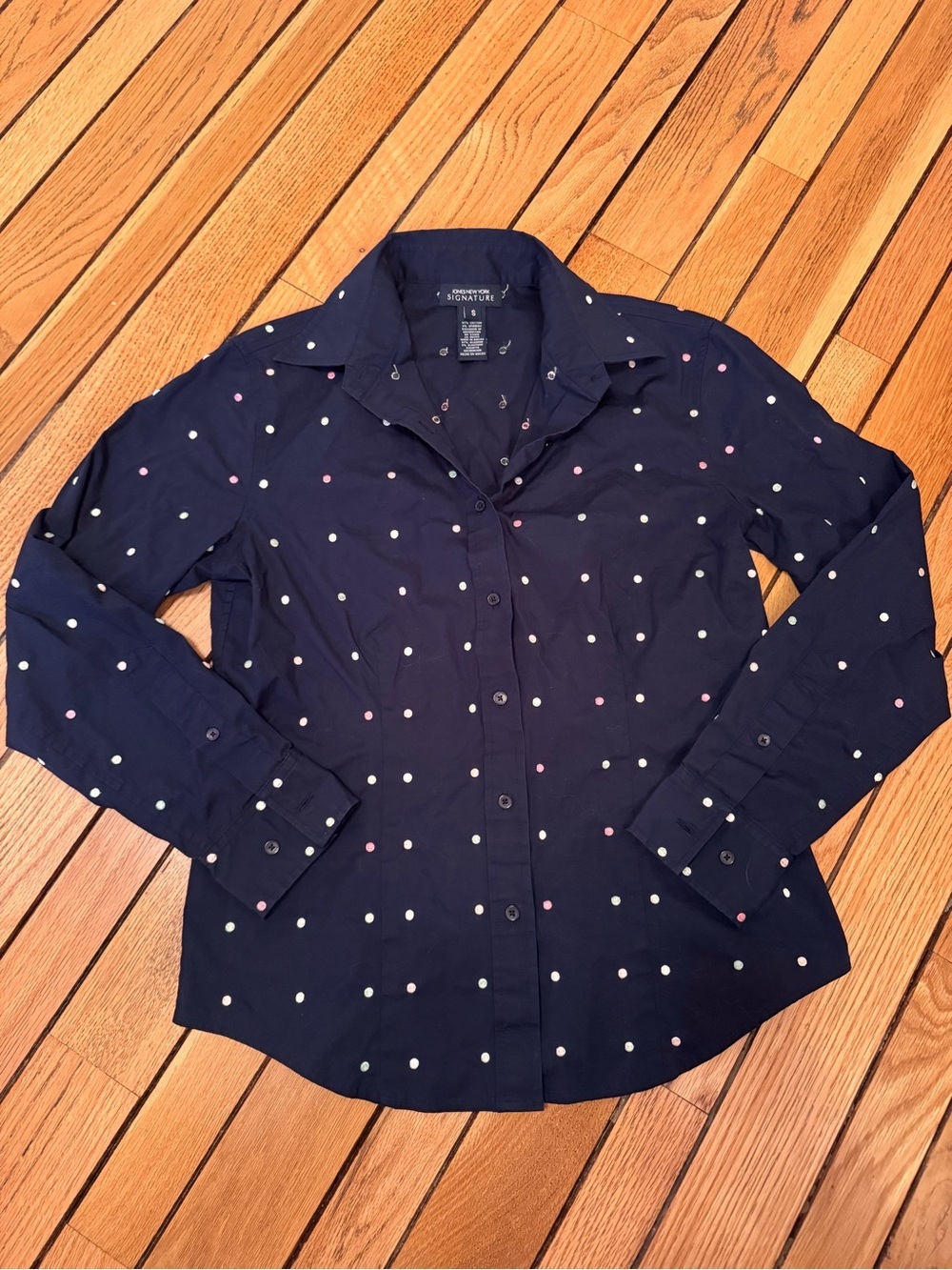 Jones New York Navy Button-Up Shirt with Multi-Color Dots